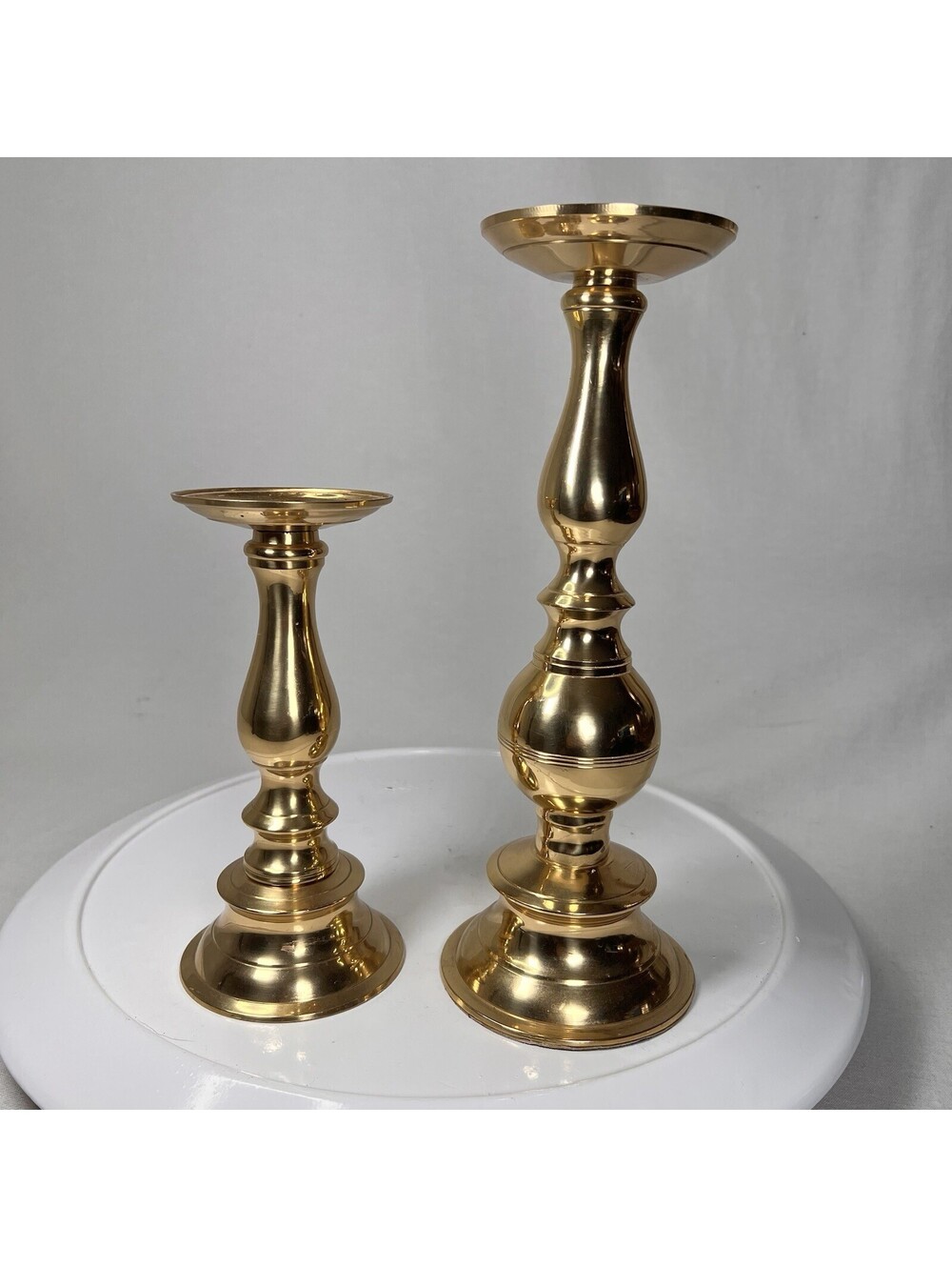 Pair of 11” & 8” Solid Brass Candlestick Holders Felt Bottom India Decor Vintage